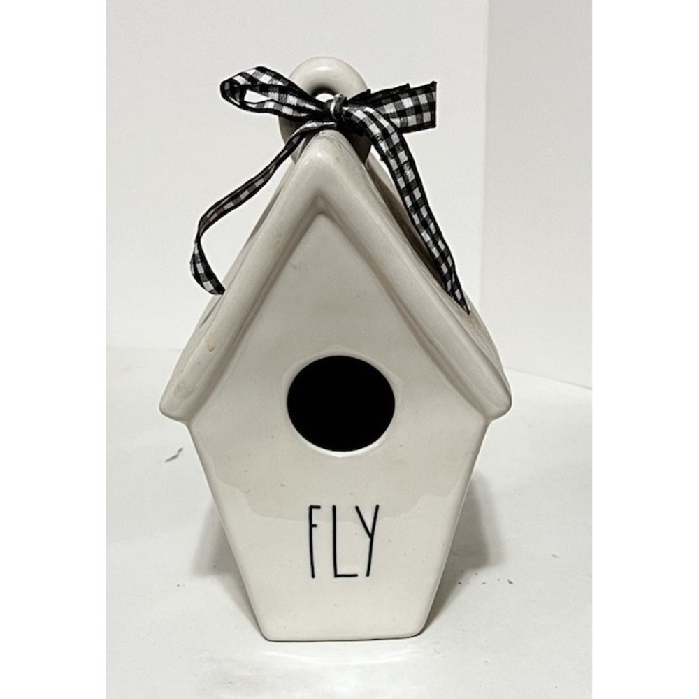 Rae Dunn FLY Birdhouse Slanted Roof White Black Letter Checkered Ribbon